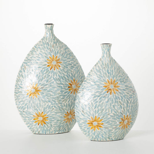 Blue Floral Capiz Vase - Set of 2