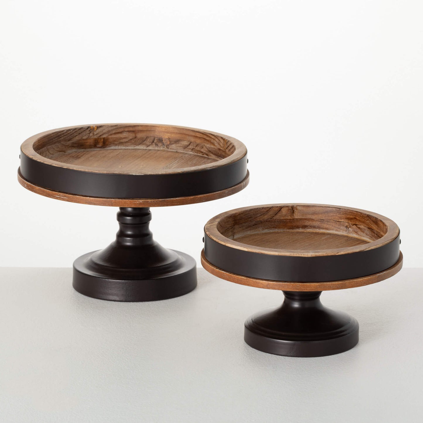 Wood & Black Round Riser Set- Set of 2